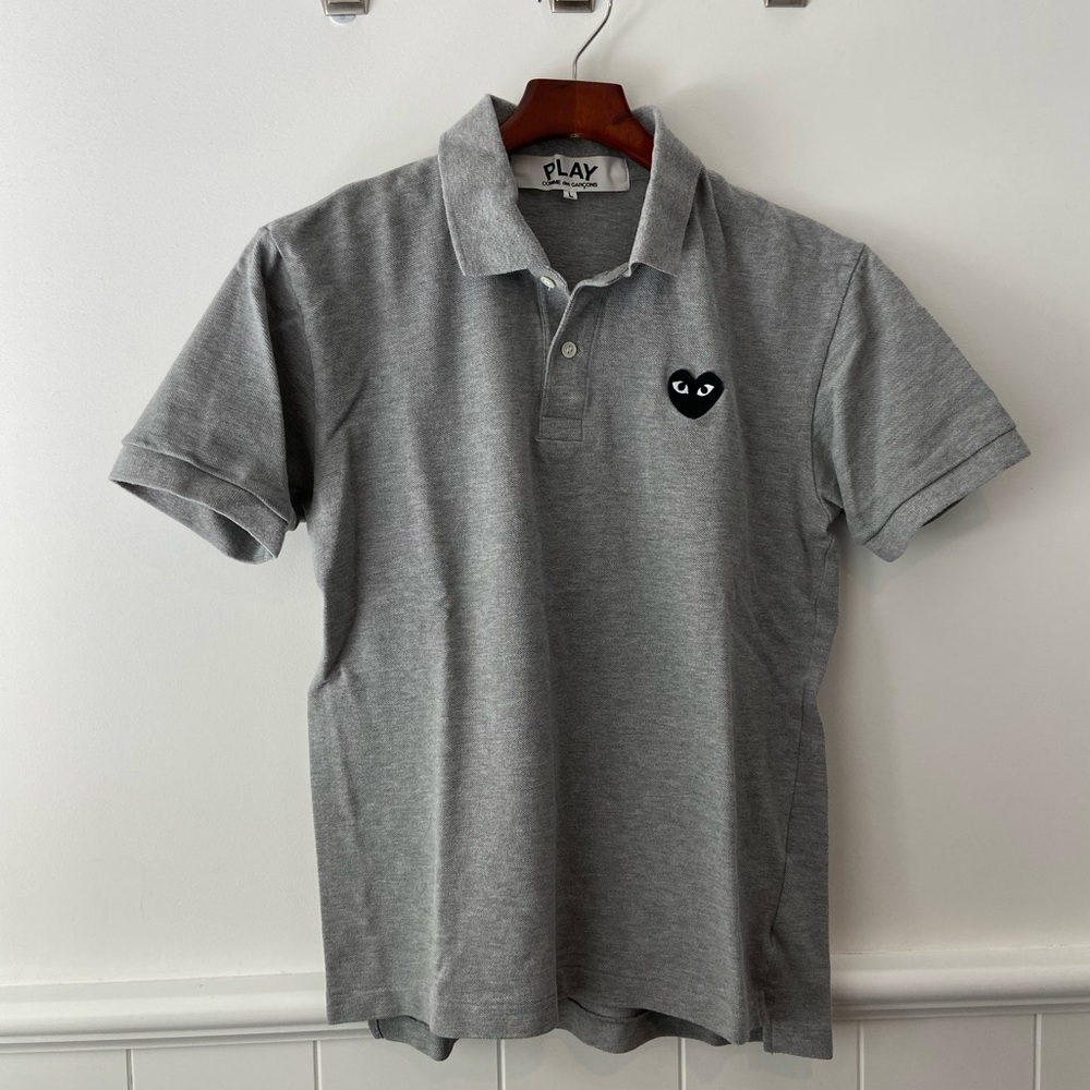 Comme des Garcons Play Men's Grey Polo Shirt Black Heart Patch Logo Size L